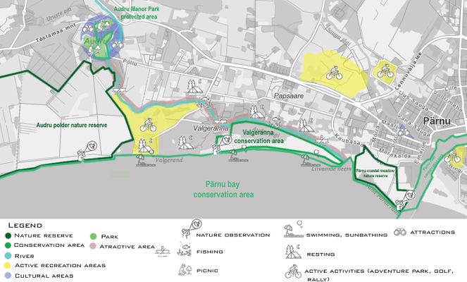 Recreation map- This map shows existing recreation areas. Our project area is covered with different activities and places what to do. Costal area is good place for swimming and sunbathing. Yellow areas are presenting more active leisure activities like adventure park, golf center, car ring. The river (color light blue) is also an important recreation point. This river is well know by fishermen and it is popular place for them. In Audru there is more cultural areas (which is colored dark blue) because of this Audru manor and its associated buildings and parks. This map illustrations show where and what kind of activities take place and what are the main recreational activities in our project area and according to that and other maps we can found out what places and activities need improvement and planning.