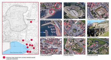 Mapping of potential public spaces in Rionne Terra: The Rione Terra quarter represents the multilayered historic city of Pozzuoli, the heart of the city and its ancient acropolis. There are many heritage sites that have been preserved, in either good or poor condition. At the same time, there are also some plazas where people can find monuments and statues, plazas that hold a certain meaning to the people and that are located in close proximity to the heritage sites. Two of these squares are also located along the harbor area, and they reveal beautiful viewpoint and scenery. We found that many of these places are either abandoned, not well kept, not used to their maximum potential or even turned into parking spaces. Some are not accessible to the public, or lack attractiveness. Some heritage sites, such as the Temple of Neptune, present a great deal of vegetation, so they can be integrated into parks or other kind of green public spaces, even memorial public spaces. They can become great losir places for the people of the city and great touristic attractions, if they are integrated into a green system.