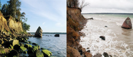 The erosion of the Kakumae Cliff in Tallinn City area. The boulder located at the shoreline in 1998 (left). Nowadays the shoreline is retreated about 8 m from the boulder (right). Photos: Tonis Saadre, Sten Suuroja. Link: http://www.syke.fi/download/noname/%7B0B13DA3A-C175-4AE7-A31C-FF621BA5917A%7D/130987.