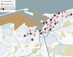 This map represents land use in terms of inhabited buildings, accommodation facilities, industries, agriculture and public green as they appear today. We observed these data on the basis of our previous analyzes and the questionnaire we submitted to the population of the area. The main urban changes date back to the second post-war period till 70s, however an increase in urbanized land in the coastal area can be noted in the last twenty years with a consequent increase in accommodation facilities, especially airbnbs (shown on the map with the red icon).