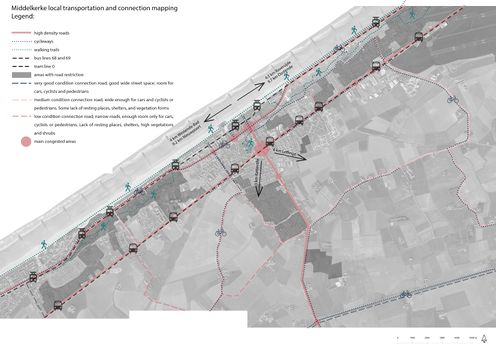 Middelkerke has overall medium or good quality connections for cars, cyclists, and pedestrians in the urban structure. Also, the public transportation connections are pretty good between the sub-municipalities and towns along the coast, where the bus or tram is driving every half an hour. The main problem in the central area is heavy traffic and congestions. Analyzing the hinterland there are seen some lack of safe and good connections with Middelkerke for cyclists and hikers. Also, there are no local public transportation loops for people who would like to discover hinterland with public transport.