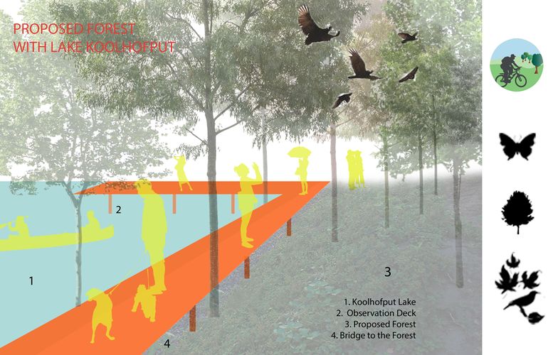 The proposed forest will help in giving shade for recreation, offering biodiversity, and it can reintroduce a riparian forest to the landscape. With these proposed functions, like bird watching, jogging, boating, etc. the lake surrounding can be fully utilized by young people and nature lovers.