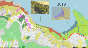 Condition of the current situation in 2018. One good example near Rannamõisa (shown on the upper left photo), how to develop residential plots as it could be done in green network area. Plot location and sizes (marked yellow on the photo) are done maintaining green structure and sizes are not very big and located sparsely, leaving room for plants to exist and animals to inhabit.