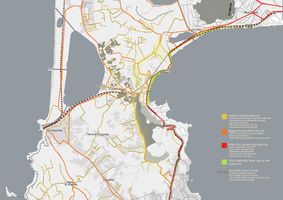This map illustrates the Existing transportation route and mobility analysis. The yellow lines demonstrate the 'Narrow roads inside a city' and they mainly provide access to the households, -No pedestrians or defined bicycle path, have poor road condition, hardly accommodates two cars, one bike and one car can do). The orange route shows-"Bigger Roads within the city"(They are spacious enough for cars and Buses, but some of them lack footpaths, have adequate surface parking in various pauses) The Redline to show the route of 'Inter-city connecting highway'(It Has access fo Bus and cars, main public transport route, adequate pedestrians, direct link with the beach are, exciting view of the sea) The only walkable area along the coastline is adjacent to this highway marked with a light green patch. The dark brown dotted line illustrates 'Only Rail route' or Transit. It has exciting underpass for a long way, no stoppage close to the coast, not enough facility to serve inside the city and coastal zone for the tourist)