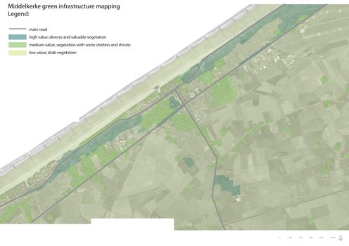 In green infrastructure analysis there were given low, medium or high-value green infrastructure, depends where are more drab or diverse vegetation. From the analysis, there can be seen that in coastal areas there are some valuable infrastructures as dune parks and the central park. In medium quality with some patches of diverse vegetation were, for example, one family residential areas. Low quality was given to monocultural agricultural fields and urban structures with dense infrastructure.