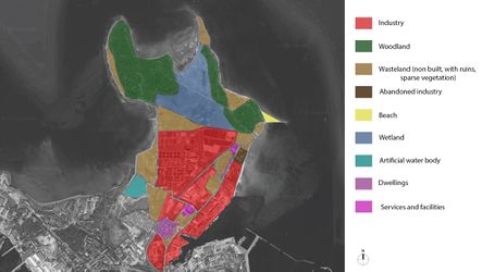 Landscape character assessment : This map shows that the area is very fragmented. It is a large area, with a complex network of different uses. It is mainly occupied by industries and natural areas, but there is also some settlements, mostly close to the main road, in the East side of the site. The amount of under used spaces and wastelands shows that the area is in transformation.'