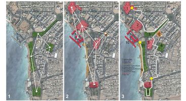 The spatial vision of our strategy shows our approach in trying to connect several nodes along the coast into a route that could start and end anywhere. This route would wrap all these important sites and pass by them. We wanted to integrate all existing green spaces near the coast in this path, it was important to balance the green, the blue and the grey. The idea was also to integrate all the archaeological sites in their historical order along this bike path. The final vision shown in the last map to the right shows the attempt of passing all the nodes