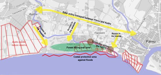 Concept plan - Main idea for this area is that it will become a natural holiday destination with lots of fun outdoor activities. As there are many different types of landscapes in this area the new added hiking trail, on the coast side, will help people experience it all. There would also be a better and safer connection with transport and infrastructure. For example, two new pedestrian bridges will be added across the river for better access to the seaside and there will also be more signs that lead to the seaside and to the existing recreation areas all around the area. And the coastal area will have protection against floods to help and keep the nature there alive and well.