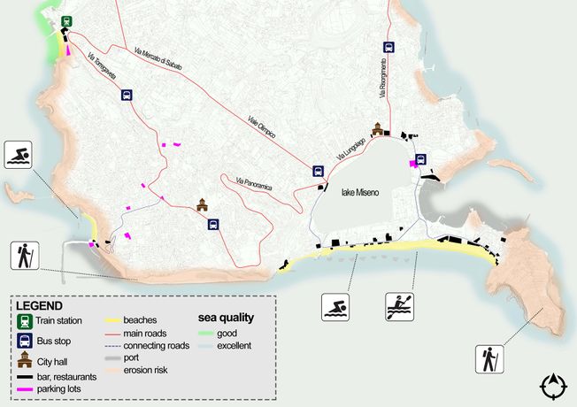 This map highlights the beaches in the area and the possible activities that tourists can do. According to the ARPAC the waters that flow through the coasts of Monte di Procida-Miseno are classified as excellent, except for the area of Torregaveta classified as good.The area is at risk of erosion and the main areas subject to this phenomenon are indicated on the map. In addition, the main connecting roads, car parks and possible public establishments, such as bars and restaurants, are highlighted.