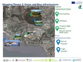Mapping 3, Green and blue infrastructure: In Astroni Solfatara territory we have a different green areas. Villa Avellino is a Roman architecture and it is built in 1540 by the princes Colonna di Stigliano. The Villa Avellino's park is the Pozzuoli's Park between the nature of the garden and the history of the city. The private garden of the Villa was given at municipality of pozzuoli in 1980 and that is a most famous green park. The Phlegraean Fields Regional Natural Park includes the Solfatara, the archaeological sites of Pozzuoli, Cuma and Baia, the naturalistic oases of the Astroni and Monte Nuovo craters, and the Averno, Lucrino and Fusaro lakes, all of volcanic origin. It is an extraordinary Park with an enormous landscape, environmental and archaeological value. The most important green area is the one of the Astroni Crater Nature Reserve, a royal hunting estate in the Aragonese and later Bourbon periods. It is a WWF-protected Oasis located within one of the Phlegraean craters, a volcanic area. The Crater dates back to around 4,000 years ago and was called by the Romans Forum Vulcani ("home of the volcano god"). In the Astroni Crater we can find Lago Grande, a lake with volcanic origins, is the largest of the 3 bodies of water present in the Reserve. In the lake there is a floating island formed by a lake nature that moves a second of the wind direction. The shores of the lake are covered by the white water lily, a deciduous plant introduced by Giovanni Gussone, a botanist from the Bourbon court, towards the middle of the 1800s. The other attractive is porto of Pozzuoli.'
