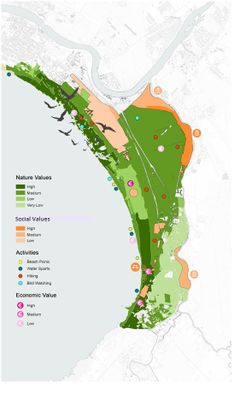 This map shows the values of the various landscapes in the study area. The area is characterized by a high percentage of natural areas, their value being primarily biodiversity and the provision of various recreational opportunities. Coastal meadows and forests are also protected, which also helps to preserve existing values better. The proximity of nature has also made the area a prized residential area. There is a densely populated area, a farm area and also a new building area, mostly private houses. Natural opportunities are not well used to generate economic income. The potential of nature could be better utilized in providing recreational activities by diversifying them..