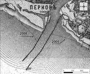 The Pärnu River mouth area in the beginning of the 20th century and the coastline of the Estonian Base Map (2008)