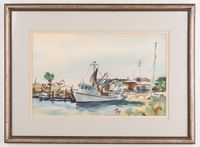 Painting by Ramon Froman depicting fishing boat on Galveston Bay.