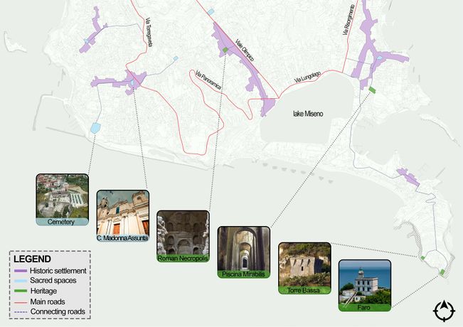 The map shows the historical settlements, the sacred spaces, including churches and cemetery, and the monuments of the area of Monte di Procida-Miseno. In addition, the main connecting roads to the various points of interest are indicated.