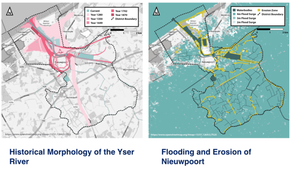 A time-based approach to mapping the physical changes in the shaping of the Yser River where it meets the North Sea gives a clearer picture of how the current landscape was formed. Studying these changes gives insight in to how the landscape may revert back to a sustainable ecological balance, through it’s own natural function or through the assistance of the state. In as much as the image on the left looks back, the image on the right is more of a forward projection. It visualizes the areas prone to flooding in a 4m storm surge and also points out the particular points along the shore line that are most susceptible to erosion. This information will allow for the any future projects to mitigate for the effects of flooding in particular areas, while studying where erosion may cause harm, or play a beneficial role, in the reforming of the landscape. In general, it is a better understanding of a very dynamic system that can have profound effects on communities and proposed planning and design.