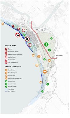 Risks- The main risks for meadows are erosion, pollution and littering, forestation of meadows, invasive plants, construction and overall low maintenance. These risk factors are mainly located in the North-West of the study area. Biggest risks are low maintenance and from low maintenance comes the forestation of the area.The main risks for beach area are sand erosion, reed enlargement, over tourism, real estate development, sea erosion and flooding. Over tourism is considered as a risk only at the beach region.The main risks for forest zone are deforestation, loss of habitat, farming activities, real estate development. The biggest risk is deforestation because it will influence other factors like habitat. Also, Rail Baltica will have major negative impact to the forested area.