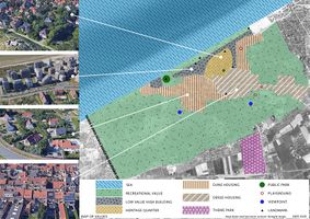 The map of values evaluates the aspects that have potential to draw attention and increase or decrease the value of the area. The strongest value of the area is its relatively large part of natural recreational areas like dunes and sea. The town has four areas with clearly different nature - heritage district and dune housing have potential to give the town its identity, while dense housing areas will remain neutral. Low value high rise buildings belt distracts and breaks the connection between sea and the rest of the town, therefore decreasing the value. There are not many activity points in this town.