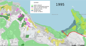 Situation in 1995. In the mapping red line is border of Tallinn, light green represents green network, dark green areas there endangered species can be found, pink cultural heritage areas, dark blue flooded area, where flooding is predicted to happen once in 10 years. Yellow area is there residential buildings have been built.