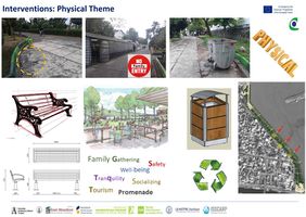 Interventions: Physical theme: In this phase I have chosen 3 items from 8 elements for sureying. The first one is showing an unappropriate seating in some points which in the future plan to consider new benches based on the certain standards in terms of height, width, length an so on. The second one is illustrating regarding trading stalls where all of them are not suitable for family gathering, tourists and also elderly people and in the master plan some places like cafes and restaurants in this promenade will be considered. The third one is showing concerning recycle facilities as an important issue in public places and parks. They must be situated in proper situation with also standard scattering and certain distances. It also should be noticed the recycling issue is important and noticeable.