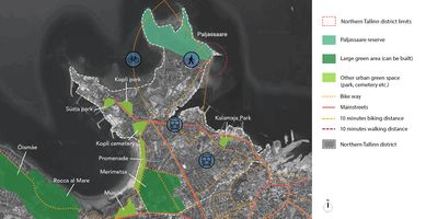 Green spaces and accessibility (1) : This map shows accessibility and different types of urban green spaces at the scale of Northern Tallinn district. It shows only one big forest space Merimetsa and the green neighborhood of Rocca al Mare/Õismäe. Thus, we notice the necessity to give access to nature to Tallinners and in particular the inhabitants of Kopli peninsula. Then it shows lthe importance of Paljassaare peninsula in Tallinn green infrastructure. Currently, it is not so accessible and it is also quite far from the center. Indeed, it shows a challenge of accessibility by « green » means : public transportation and bikes.