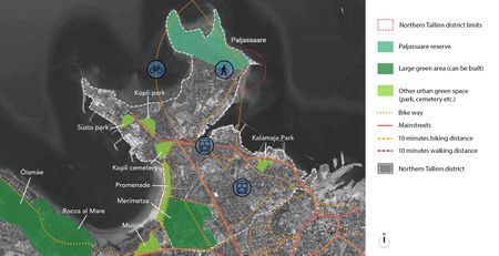 Green spaces and accessibility (1) : This map shows accessibility and different types of urban green spaces at the scale of Northern Tallinn district. It shows only one large forest space Merimetsa and the green district of Rocca al Mare/Õismäe. Thus, we notice the necessity to give access to nature to Tallinners and in particular the inhabitants of Kopli peninsula. Then, it also shows the importance of Paljassaare peninsula in Tallinn green infrastructure. Currently, it is not so accessible and it is also quite far from the center. Indeed, it shows a challenge of accessibility by « green » means : public transportation and bikes.