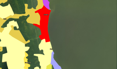 Land use map of Kallaste (Red : constructed part / Orange and Yellow : agricultural parts / Purple : Wetlands and water / Pink : industries / Green : forests / Dark green : Peipsi lake)