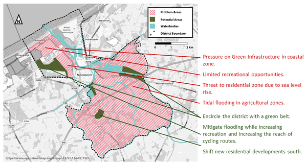 Overlaying the themed maps from above, we were able to locate particular zones which will be affected by a number of factors. In the south, the agricultural land is susceptible to leaching and contamination of both ground water and river waters through the transfer of salts and pesticides during storm surge flooding. However, it was the densely populated area near the shoreline that posed the most problems, and rightfully, potentials. The limited amount of recreational space and green infrastructure designated for ecology in the Northwest is compounded by the influx of tourism that overwhelms these sights. Additionally, the housing zone between the old town and the coast is at a high risk of health and economic harm due to potential flooding. There is great potential to protect housing and economy while expanding recreation and protecting it’s ecological function by shifting new residential development and introducing a green belt to he area. Both natural and engineered solutions to mitigate flooding could be paired with this approach.