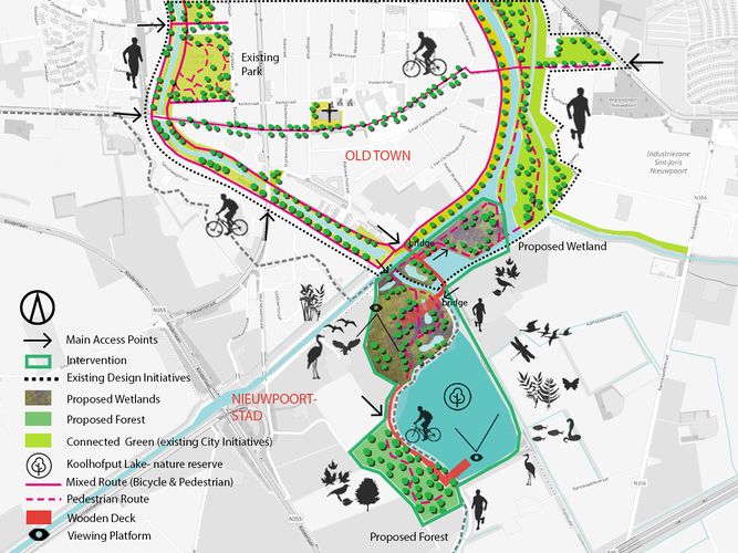 Design Site 2 of the Niewpoort Green RING Project shows some of the key aspects mentioned in our concept: 1.focus on preserving the protection areas which leads to the connection of the prominent nature reserve Lake Koolhofput with the old town of Nieuwpoort. Also 2.increasing biodiversity in the lake surrounding : creating two wetland parks and a forest next to these parks. 3.To increase more recreational infrastructures in Nieuwpoort south, the lake, wetland parks and the forest are interlinked by pedestrian and bicycle paths. And then the link further extends to the old town in the north with the already existing city initiatives like connecting the existing parks with the water channels around the old town.