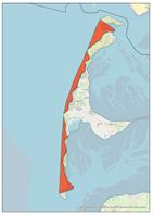 This map shows the loss of land along the west coast during the years 1870 till 1984 (Representation exaggerated 1000 times). Especially in the northern and southern exposed parts of the island there is a huge amount of sand washed away by the sea.