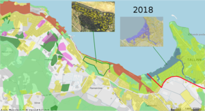 Condition of the current situation in 2018. One good example near Rannamõisa (shown on the upper left photo), how to develop residential plots as it could be done in green network area. Plot location and sizes (marked yellow on the photo) are done maintaining green structure and sizes are not very big and located sparsely, leaving room for plants to exist and animals to inhabit.