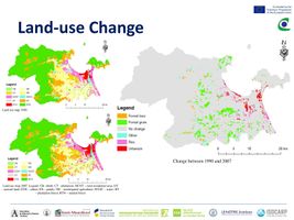 These are the land-use maps of the city in 1990 and 2007. As you might see from the maps, in the right corner of the city is the peninsula with most of the forest and scrub area with a natural forest ecosystem as the home of many species. And right next to it is the city center with the urban and residential area. After overlaying to maps, we can see there were some changes in the purpose of using land from 1990 to 2007. The urban and residential area (showed with red and purple color) was widened especially along the coastal line and towards the peninsula