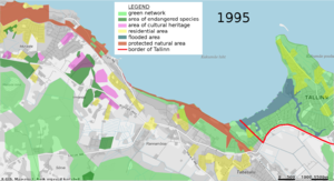 Situation in 1995. In the mapping red line is border of Tallinn, light green represents green network, dark green areas there endangered species can be found, pink cultural heritage areas, dark blue flooded area, where flooding is predicted to happen once in 10 years. Yellow area is there residential buildings have been built.