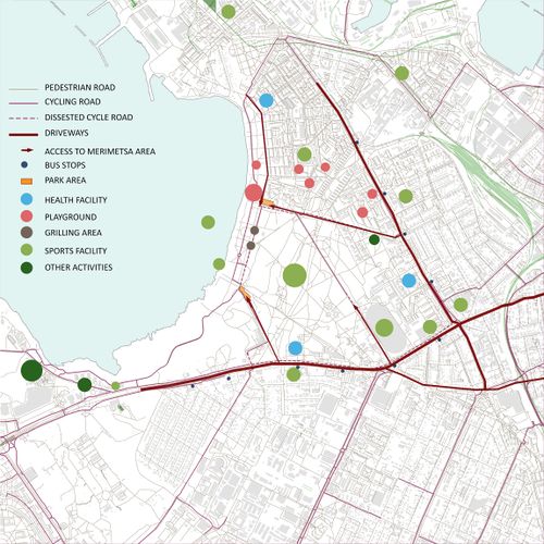 Recreational Assessment This map shows the services and infrastructures network in the Merimetsa area. As for the communication routes, it is served by the Sole road from north to sud , which connects the northern area of ​​the district with the city center, and from east to west Paldiski road, which connects the area with the whole region. The area is also characterized by a bike path that is mostly damaged. As for accesses and points of reference, they are not clear and often not present. There are also few car parks, at the ends of the areas.