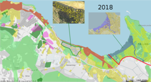 Condition of the current situation in 2018. One good example near Rannamõisa (shown on the upper left photo), how to develop residential plots as it could be done in green network area. Plot location and sizes (marked yellow on the photo) are done maintaining green structure and sizes are not very big and located sparsely, leaving room for plants to exist and animals to inhabit.