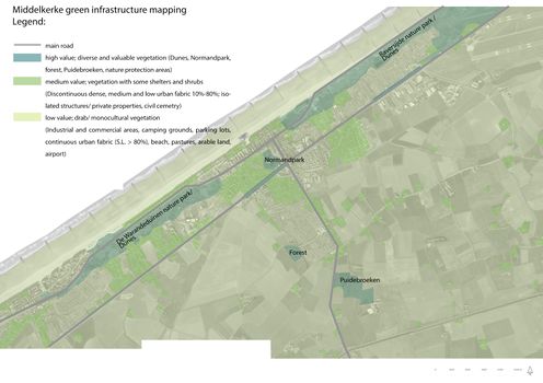 In green infrastructure analysis there were given low, medium or high-values for green infrastructures, depends where are more drab or diverse vegetation. From the analysis, there can be seen that in coastal areas there are some valuable greeneries as dune nature parks and the central Normandpark. In medium quality with some patches of diverse vegetation were, for example, one family residential areas. Low quality was given to monocultural agricultural fields and urban structures with dense infrastructure.