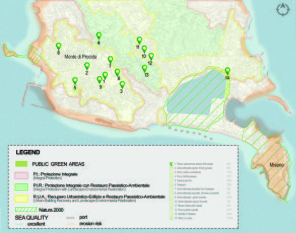 According to an analysis by ARPAC (an institution that develops monitoring, prevention, and quality control activities in the Campania region), from April 2018, the studied area presents an excellent water quality. The area is at risk of erosion (and the main areas subjected to this phenomenon are indicated on the map.) All the green areas are related to the PTP which is (Campi Flegrei Landscape territorial Plan). This is a very helpful aspect because we can use it as a key instrument in order to understand the changes that can be made to the site. Unfortunately, Natura 2000 evaluated all the Habitats as unfavorable for Italy, and an improper example for a protected area. On the report of the project Natura 2000, we have there 3 main protected areas: 1240 Vegetated sea cliffs of the Mediterranean coasts with endemic Limonium,5330 Thermo-Mediterranean and pre-desert scrub,6220 Pseudo-steppe with grasses and annuals of the Thero-Brachypodietea. Some of the endemic species found are some types of Limonium, Genista, and Cystus.