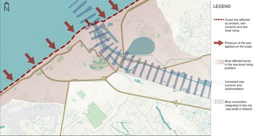 Ostend is a coastal touristic city along the Belgian seashore. The North Sea is connected with Ostend with 2 axis: the coast and the perpendicular shaft that is cutting the city in two pieces (or it can be a binder between the pieces). Due to the alarming sea level rising and the sea currents, the erosion of the coast is increased. Most affected lands in the sea level rising are marked in the above picture, but, in case the situation is developing the same way, adding the weather phenomena, the whole city is threatened.