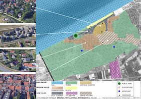 Value Map evaluates the aspects that have potential to draw attention and increase or decrease the value of the area. The strongest value of the area is its relatively large part of natural recreational areas like dunes and sea. The town has four areas with clearly different nature - heritage district and dune housing have potential to give the town its identity, while dense housing areas will remain neutral. Low value high rise buildings belt distracts and breaks the connection between sea and the rest of the town, therefore decreasing the value. There are not many activity points in this town.