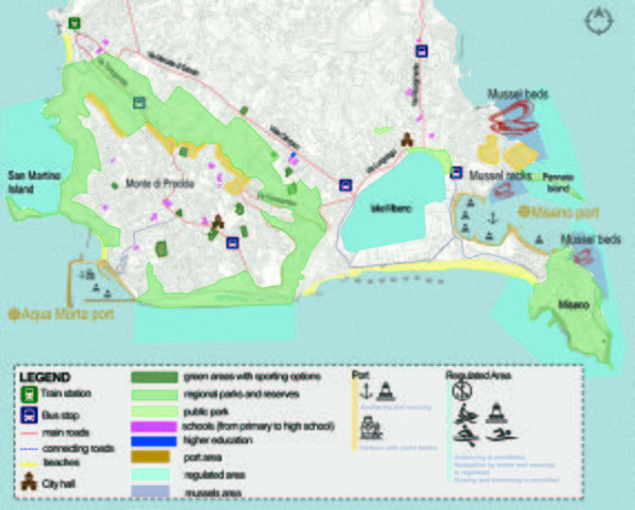 In order to investigate the decrease in the young population, it’s necessary to analyse the social structure, which is mainly the quality of local life in the area. As from the landscape architecture / urbanism perspective, we decided to search for the schools vicinity to the transportation network, the occurrence of the public green spaces around them, walking and biking trails, and the quality of the surrounding environments for the aforementioned places. Numbers of the green recreational spaces, and how they are functioning for the local people is rather more important than for the tourists, but it can be considered in both aspects. Also, accessibilities to the public green recreational spaces will be discussed later on more through the overall assessment map. As seen on the map, the area is lacking of the public parks and squares. It can play a major role in the social recreational activities for the local, as well as tourists. Schools are rather built and distributed equally in the area, in the vicinity of the regional parks, but still far away from the few public parks in the region, which makes the need for bringing new public parks, squares, gardens, etc. more necessary. The mail transportation network is well accessible to schools, but might be developed a bit more to the whole area. Beaches are close to different neighborhoods, but might not well-accessible to certain areas, especially the long beach in the south. In two ports, that are in the area, fishing is banned (it goes also for lake Miseno). Ports are mainly for anchoring the boats, in the Aqua Morta port, there are also yachts allowed. On summer evenings many events are held on there. Better access to these port areas would be needed.