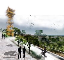 A visualization of the pedestrian area of the master plan, with cycle route, walking trail, watching tower pause.